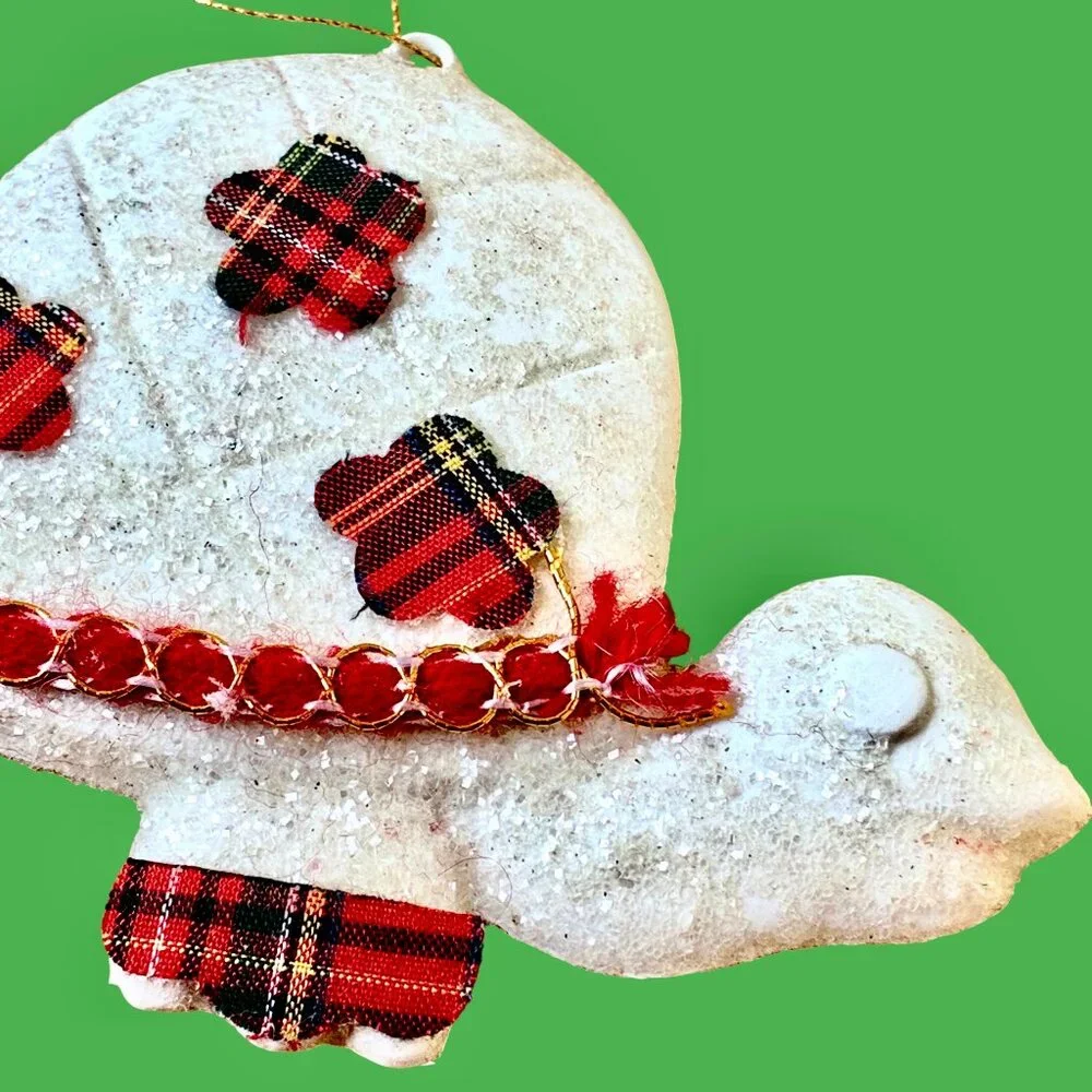 Vintage Handmade Turtle Ornament Christmas Tree Decor White Glitter